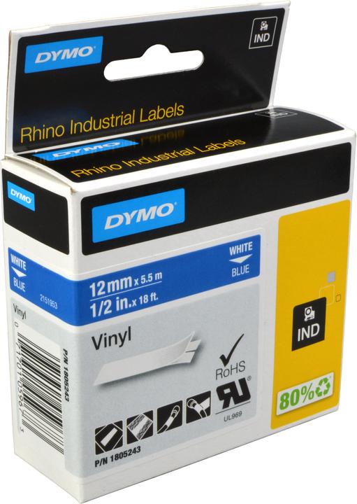 Produktbild Dymo Rhino 12mm weiß auf blau Vinyl (1.20 cm, Blau)