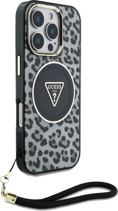 Productafbeelding Guess HC IML Luipaard Driehoek Snoerband MagSafe Case voor iPhone 16 Pro - Zwart (Apple iPhone 16 Pro)