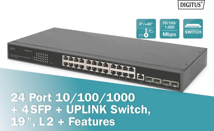 Actual product image Digitus 24 Port 10/100/1000 + 4SFP+ UPLINK Switch, 19", L2+ Features (24 Ports)
