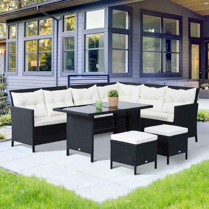 Produktbild Swisshandel24 Sitzgarnitur für 7 Personen Sitzgruppe Gartenset Gartenmöbel Set, Polyrattan, Schwarz+Cremeweiss