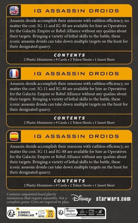 Valeurs nutritives et ingrédients Atomic Mass Games Sw Legion Ig-Series Assassin Droids (Fr-De-En-Es) (Anglais)