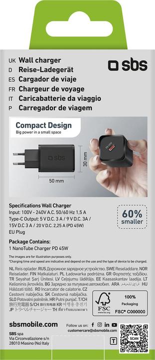 Immagine prodotto SBS Caricabatterie GaN USB-C PD 45W nero (45 W)
