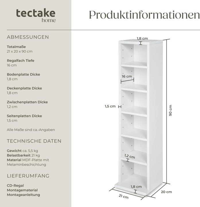 Produktbild tectake Medienregal (21 x 20 x 90 cm)