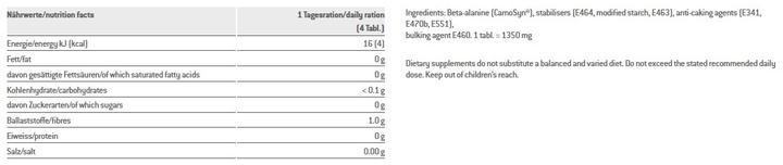 Nährwerte und Zutaten Sponser Beta Alanine (1 Stück, Tabletten, 189 g)