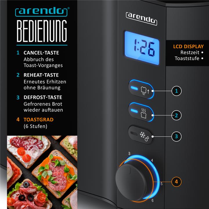 Produktbild Arendo Toaster Edelstahl 2 Scheiben Kurzschlitz, Doppelwand, Brötchenaufsatz, Display mit Restzeitanzeige