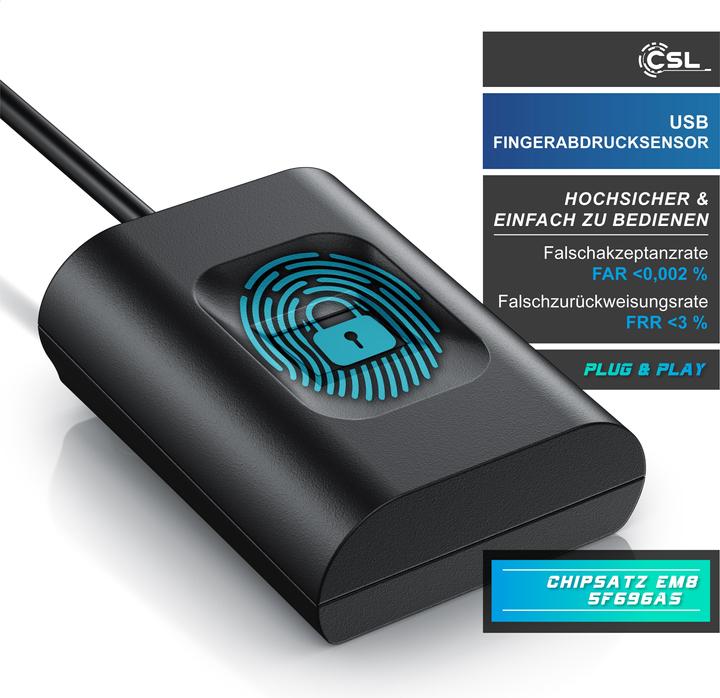Produktbild CSL Fingerabdrucksensor, USB Fingerabdruckleser, 10 IDs, Rundumerkennung, plug & play, für Win 8/10/11