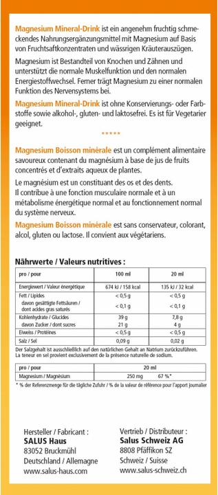 Nutritional values and ingredients Salus Magnesium Liquid Mineral (1 Piece, Liquid, 628 g)