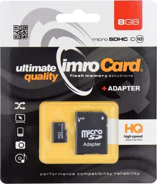 Image du produit IMRO 10/8G ADP Carte mémoire 8 Go MicroSDHC classe 10 (8 Go, microSDHC, U1, UHS-I)