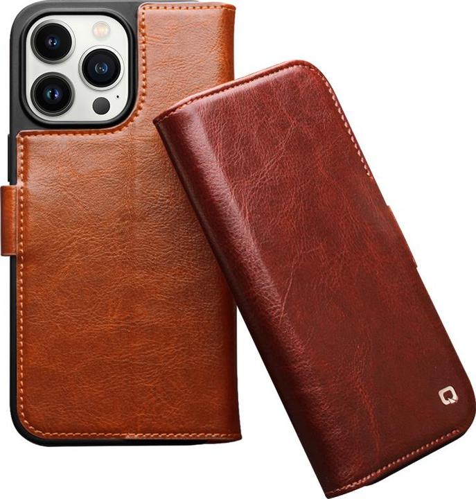 Actual product image QiAlino Flip case with magnetic clasp Light brown (Apple iPhone 14 Pro)