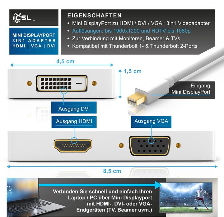 Produktbild CSL 3in1 Mini DisplayPort zu HDMI, DVI, VGA Adapter Konverter, miniDP 1.2 4k 3840x2160 UHD 2160p, 0,15m (HDMI, DVI, VGA, 8.50 cm)