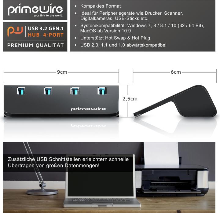 Image du produit Primewire Hub 4 ports USB 3.2 Gen.1 Actif, répartiteur avec alimentation, Hub de données USB 3.0 Super Speed (USB-A, 4 Ports)