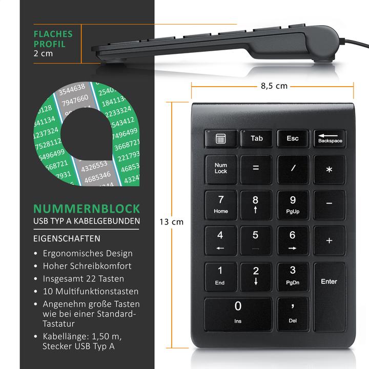 Actual product image Aplic Numpad 22 keys, USB keypad wired, numeric keypad, numeric keypad additional keyboard, cable 1.50 m (DE, Cable)