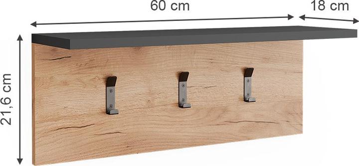 Produktbild Vichy Garderobe mit Hutablage Orlando, Anthrazit/Goldkraft Eiche, 60 x 21.6 cm