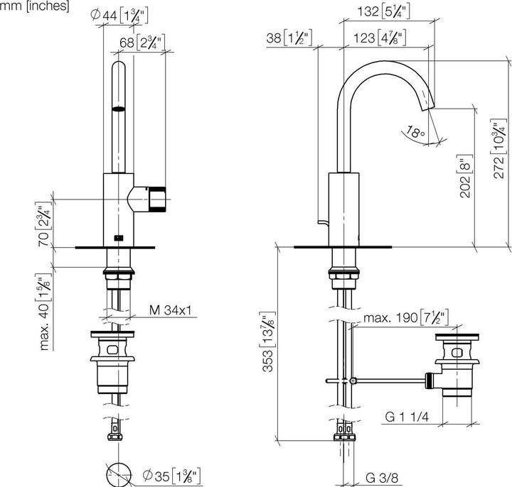 Produktbild Dornbracht META PURE Waschtisch-Einhandbatterie mit Ablaufgarnitur, Ausladung 123 mm, Auslauf schwen