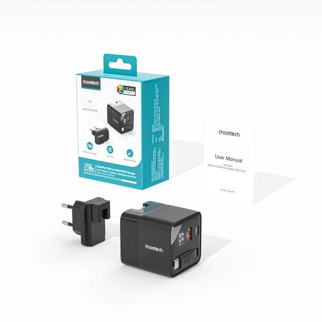 Actual product image Choetech USB Ladegerät mit zwei Anschlüssen und einziehbarem Kabel (65 W)