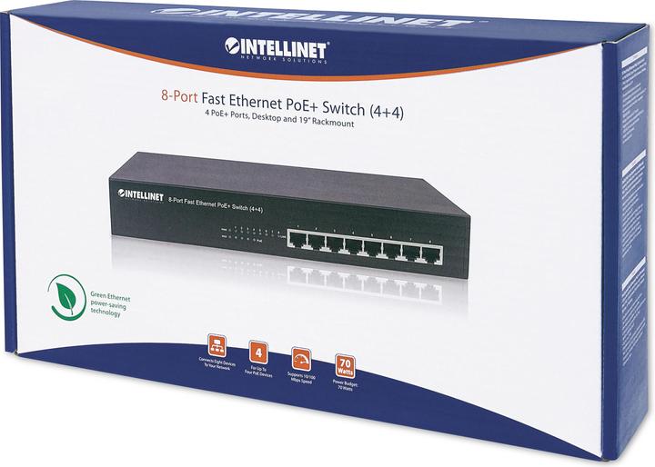Produktbild Intellinet 8-Port Fast Ethernet PoE+ Switch 4 x PoE IEEE 802.3at/af Power-over-Ethernet Ports 4 x Standard R... (8 Ports)