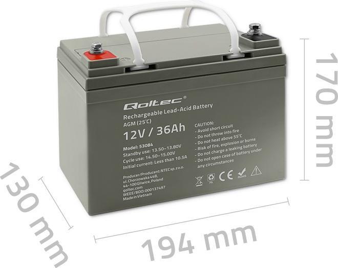 Produktbild Qoltec Akumulator AGM | 12V | 36Ah | max.540A (12 V, 36 Ah)