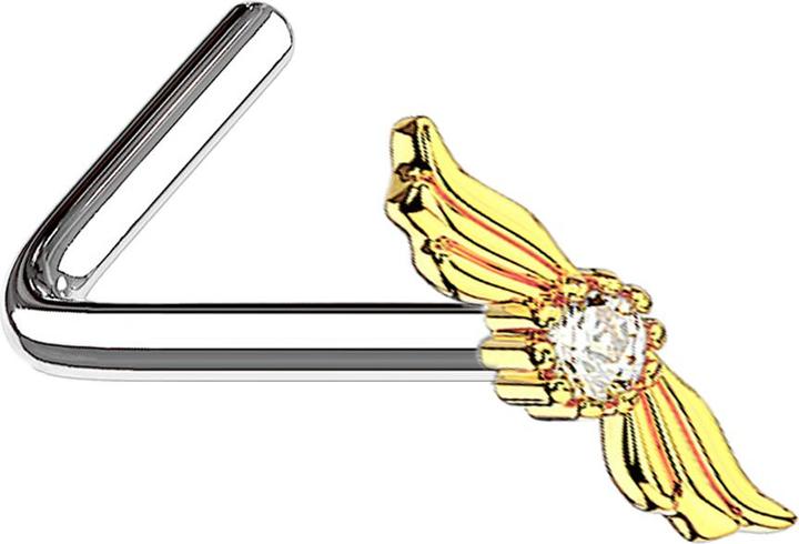 Star Piercing Nasenstecker gewinkelt 14k vergoldet Engelsflügel mit Kristall (Chirurgenstahl 316L, Messing)