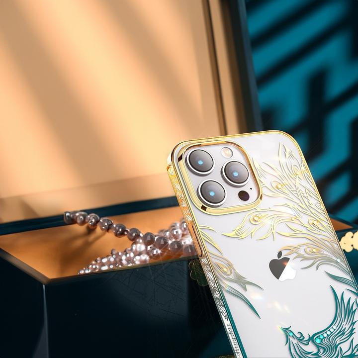 Immagine prodotto Kingxbar Custodia di lusso per iPhone 14 Plus con cristalli Phoenix - Oro e blu (Apple iPhone 14 Plus)