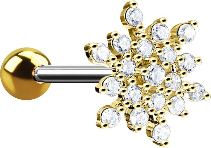 Produktbild Star Piercing Micro Barbell 14k vergoldet Schneeflocke mit Kristallen (Messing, Chirurgenstahl 316L)