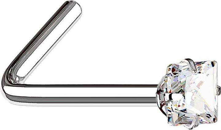 Star Piercing Nasenstecker gewinkelt silber quadratischer Kristall silber gefasst (ohne Messing, Chirurgenstahl 316L)