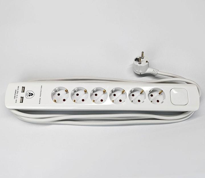 Produktbild FeinTech MD000633 6-fach Stromleiste mit 2x USB | Schnellladung | 3m | Überspannungsschutz (6 x, 3 m)