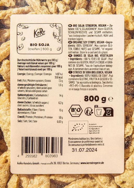 Nutritional values and ingredients KoRo Organic soya strips, vegan (800 g)