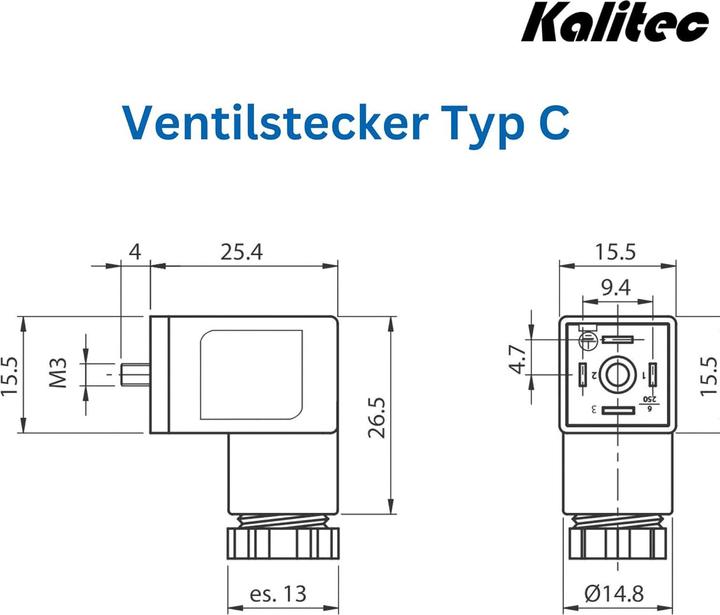 Produktbild Kalitec 5 Stück Ventilstecker Bauform C schwarz 4 polig I Kontaktfläche 15,5 x 15,5 mm² I PG7 I Kont