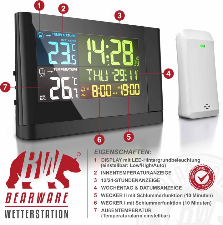 Produktbild Bearware Wetterstation mit Aussensensor, Funkwetterstation mit Projektion (um 180° drehbar) & Farbdisplay