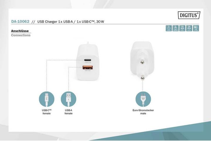 Actual product image Digitus USB Charger 1x USB-A / 1x USB-C, 30W (30 W)