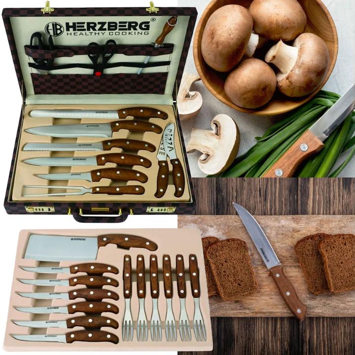 Produktbild Herzberg Cooking Exklusives Messer und Besteck-Set, 24-tlg., im Koffer, Walnussholzgriffe