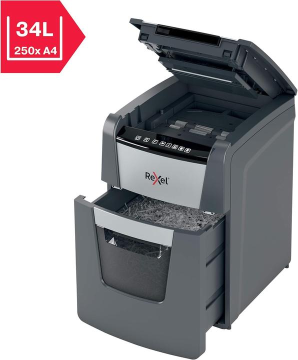 Actual product image Rexel Shredder Optimum AutoFeed+ 100X Particle cut 4 x 28 mm 34 l Number of sheets (max.): 100 Sic (Particle cut)