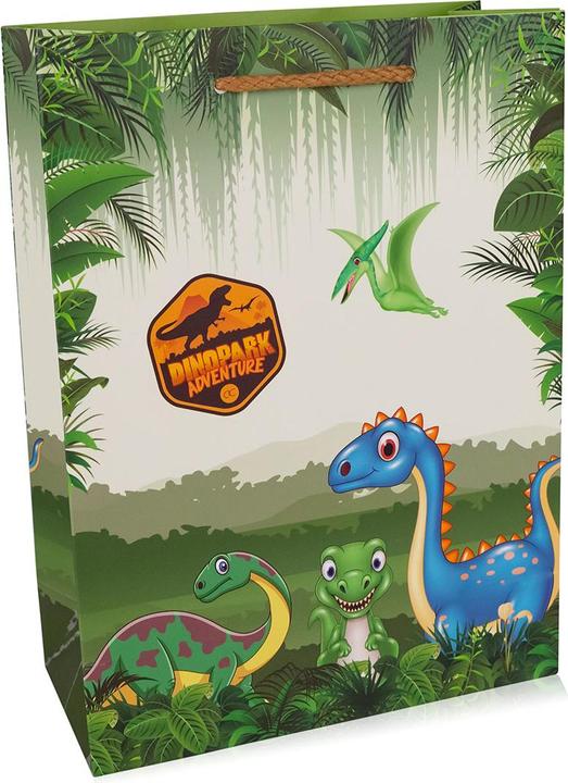 Image du produit Accentra Sac cadeau DINOPARK ADVENTURE en papier, 18 x 24cm, couleur : vert/orange, lot de 12/96 (Pochette cadeau, 12 x)