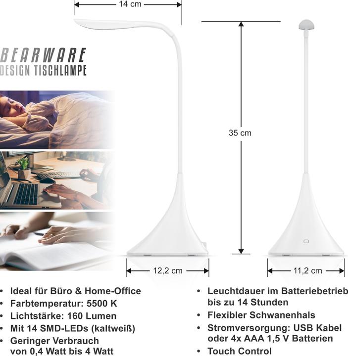 Produktbild CSL Schreibtischlampe LED Tischlampe, flexibler Schwanenhals, Leselampe mit USB oder Batteriebetrieb (160 lm)