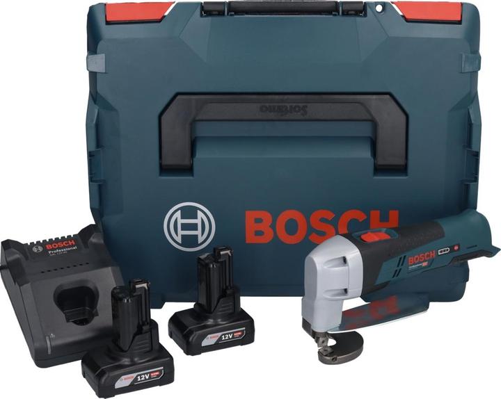 Produktbild Bosch Professional Bosch GSC 12V-13 Akku Blechschere 12V mit Sechskantstiftschlüssel 12V + 2x Akku 6,0 Ah + Schnelllade