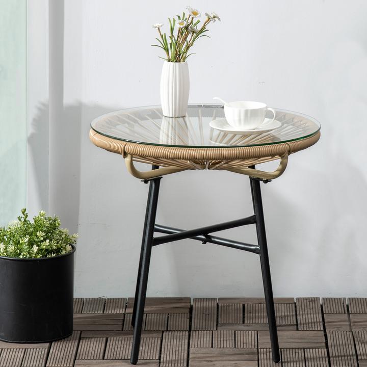 Produktbild Outsunny Rattan Beistelltisch mit Glastischplatte
