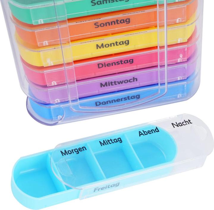 Actual product image Casativo 4er-Set bunte Medikamenten-Boxen für 7 Tage, je 4 Tabletten-Fächer, beschriftet