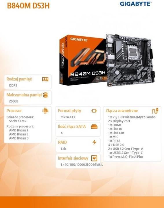 Produktbild Gigabyte B840M DS3H (AM5, AMD B840, mATX)