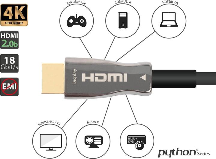 Actual product image Python AOC Hybrid High-Speed HDMI 2.0b, steel armoured, 4K @60Hz, 18 GBit/s, black, 20m, Series (20 m, HDMI)