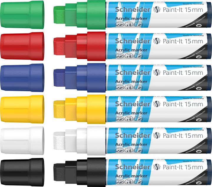 Image du produit Schneider 6 marqueurs acryliques Paint-It 330 V1 couleurs assorties 15,0 mm (Blanc, Jaune, Vert, Bleu, Noir, Rouge, 15 mm, 6 x)