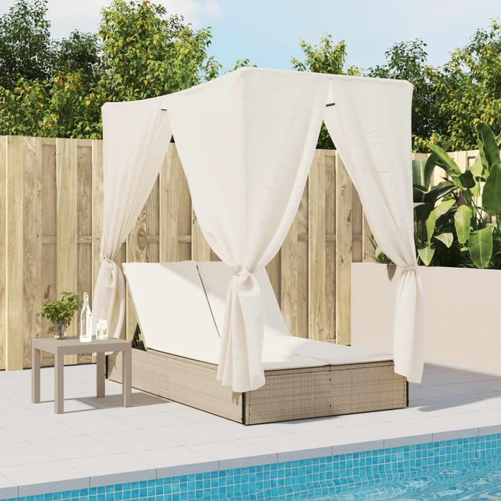 Produktbild VidaXL Doppelliege Sonnenliege Gartenliege mit Dach Vorhängen Beige Poly Rattan (114 cm)