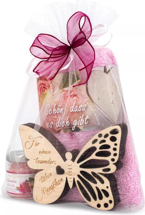 Immagine prodotto ZNatur Set regalo farfalla in legno di cembro con incisione Lieber Mensch sali da bagno e asciugamano No.39 (Set per la cura del corpo)
