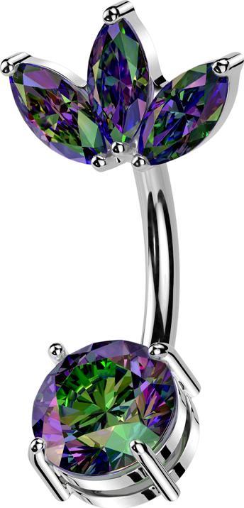 Produktbild Star Piercing Banane silber Blatt drei Ovale Kristalle dunkel multicolor und Kristall dunkel multicolor gefasst (Chirurgenstahl 316L, Messing)