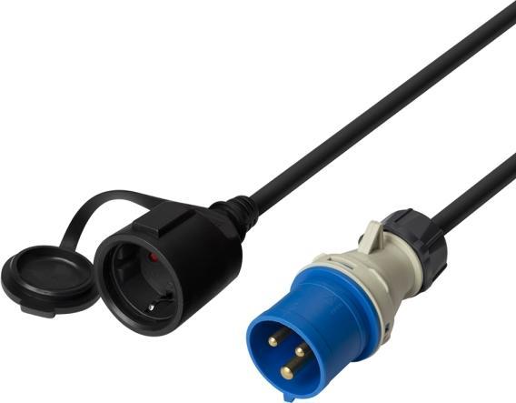 Actual product image Deltaco Grounded adapter cable IP44, 230 V 16 A, 1 m, black