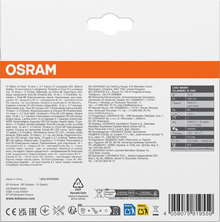 Produktbild Osram Led Base Classic A (E27, 14 W, 1521 lm, 3 x, F)