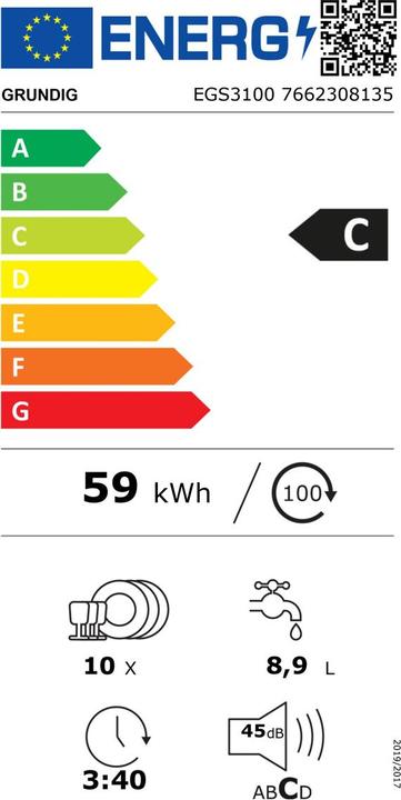 Energie-Label Grundig Geschirrspüler EGS3100, 45cm, Vollintegriert
