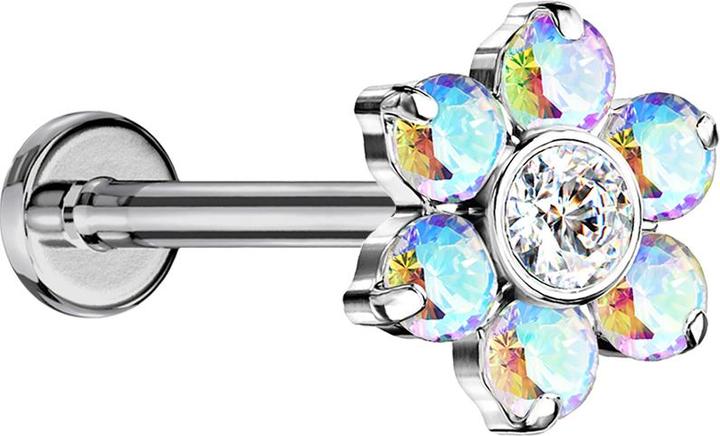 Star Piercing Micro Threadless Labret silber Blume Kristalle multicolor (ohne Messing, Titan G23)
