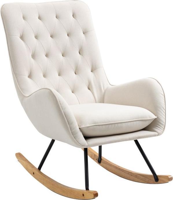 Produktbild Swisshandel24 Schaukelstuhl Relaxstuhl Schwingsessel mit Holzbeine Schaukelsessel, Leinen Metall Cremeweiss 69 x 9