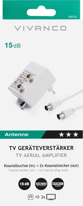 Produktbild Vivanco TV-Zweigeraeteverstaerker, DVB-C/DVB-T, 2x 15dB Koax-Kupplung -> 2x Koax-Stecker (Antennenkabel)