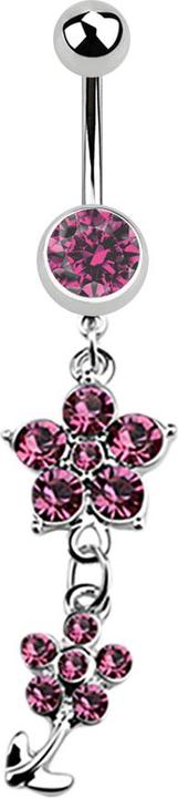 Star Piercing Banane silber mit Anhänger zwei Kristallblumen pink (Chirurgenstahl 316L)
